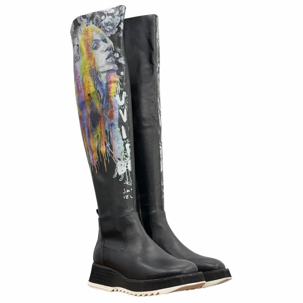 Roksolana Graphic Knee High Boots 40 Women Black Art to Wear Designer Punk Rock